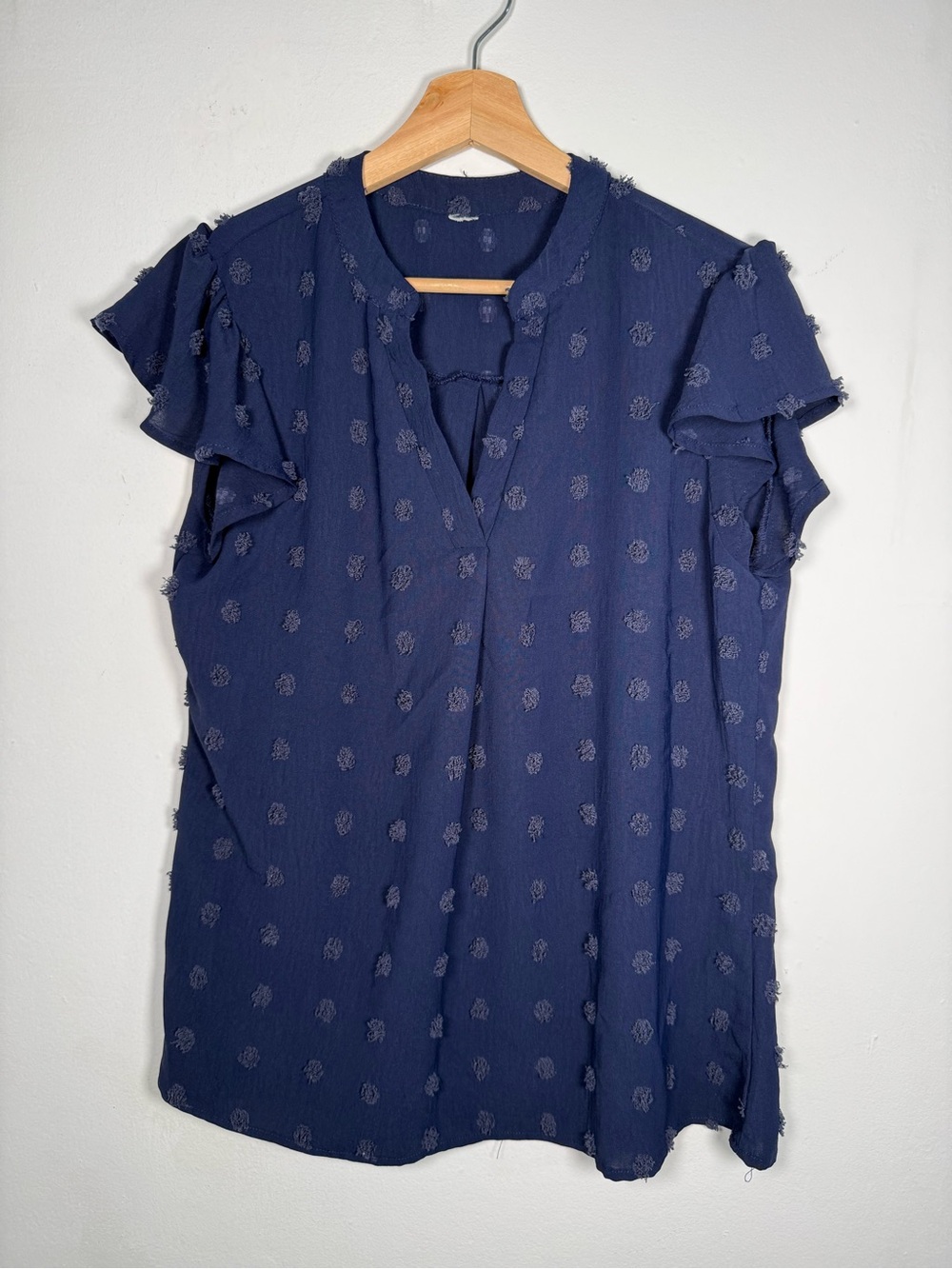 Navy Flutter-Sleeve V-Neck Blouse